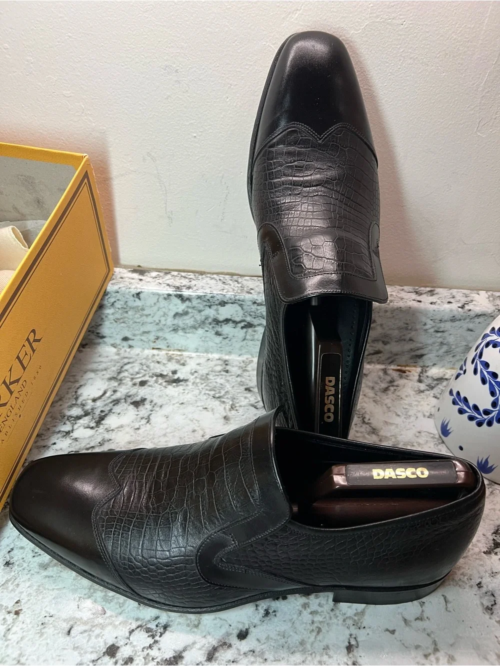 BARKER RIVOLI Black Croc-Embossed Leather Slip-On Loafers